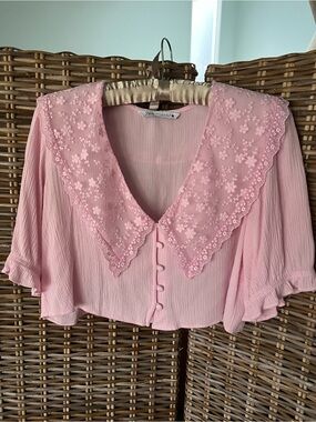 RARE Zara Medium Embroidered lapel blouse top pink lace